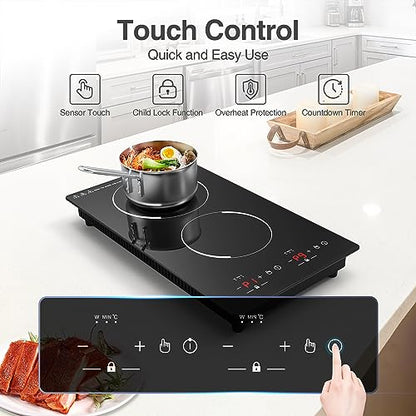 GIHETKUT Double Induction Cooktop,110V 2 Burner Induction Cooktop,2300W Electric Stove Top with Independent Control, Ultrathin Body, 9 Temperature, Multiple Power Levels, 2 Hour Timer, Safety Lock