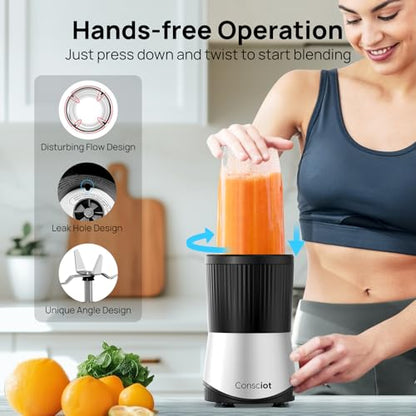 Consciot CB08 11-Piece Blender for Kitchen and Personal Size, Blend Shakes and Smoothies, Frozen Drinks, Baby Food, Spreads & More, 3 Portable To-Go Cups & 2 Spout Lids & 1 Solid Lid, 900 Peak Watts
