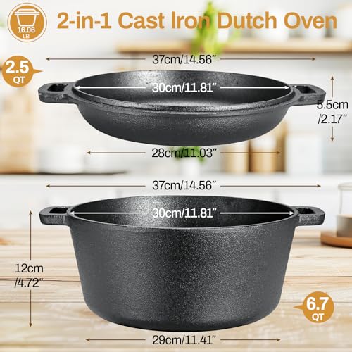 TLGREEN Cast Iron Dutch Oven Pot with Lid, Pot (6.7QT) and Lid as a Skillet(2.5QT) - Dutch Oven Cast Iron with Silicone Holders, Iron Stand, for Oven, Stove, Grill，Campfire
