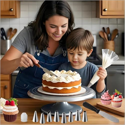 YOQXHY Cake Decorating Kit, 198 Pcs Baking Supplies Tools with Aluminium Cake Turntable, Leveler, 24 Numbered Icing Tips, 2 Spatulas, 3 Scrapers, 2 Couplers, 50 Pastry Bags, 50 Cupcake Liners & More