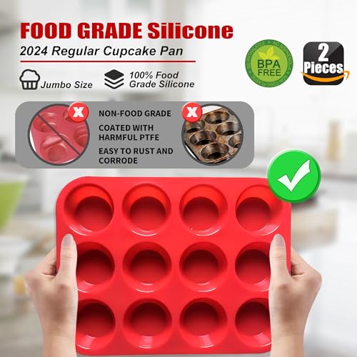 keliwa 2PCS Thicken-12 Cup Silicone Muffin Pan - Cupcake Baking Pan Great for Making Muffin Cakes, Tart, Bread -Non - Stick Silicone Mold/Dishwasher - Microwave Safe