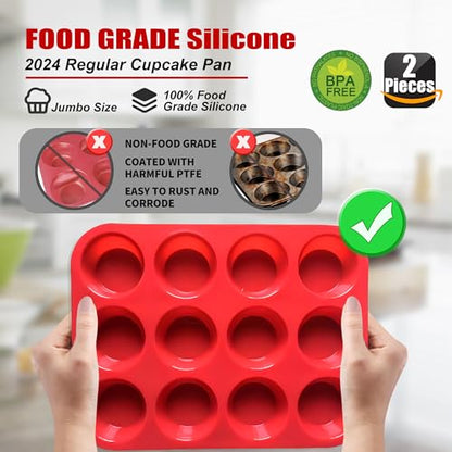keliwa 2PCS Thicken-12 Cup Silicone Muffin Pan - Cupcake Baking Pan Great for Making Muffin Cakes, Tart, Bread -Non - Stick Silicone Mold/Dishwasher - Microwave Safe