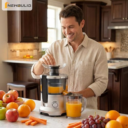 NEWBULIG Centrifugal Juicer, 600W Juicer Machine with 2.5" Feed Chute & 17,000 RPM, 3-Speed Juice Extractor for Whole Fruits Vegetables, Easy to Clean, BPA-Free, Silver