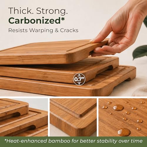 Wooden Cutting Board Set of 3 - Thick & Durable Bamboo Wood Cutting Boards for Kitchen - with Deep Juice Grooves & Built-In Handles - Large Surface, Easy to Clean - for Meat, Vegetables and Fruits