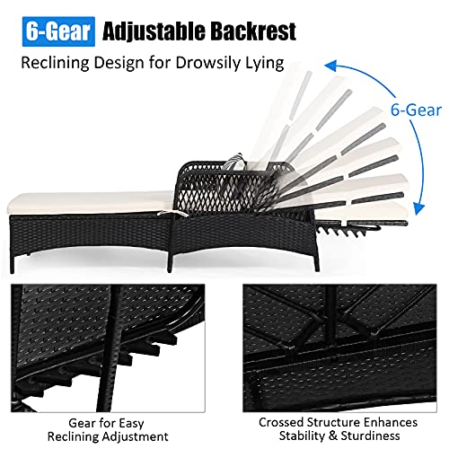 Tangkula Wicker Chaise Lounge Outdoor, Patio Rattan Reclining Chaise with 6-Gear Adjustable Backrest, Thick Padded Cushion & Removable Lumbar Pillow, Pool Lounge Chairs for Outside Balcony Backyard