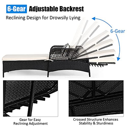 Tangkula Wicker Chaise Lounge Outdoor, Patio Rattan Reclining Chaise with 6-Gear Adjustable Backrest, Thick Padded Cushion & Removable Lumbar Pillow, Pool Lounge Chairs for Outside Balcony Backyard