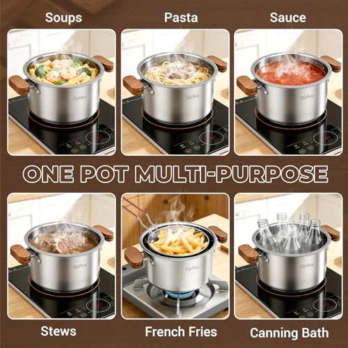 Opifex Deep Fryer Pot with Basket,2.8L Stockpot for 1-2 people Home Use and camping Frying, Pasta, Soup & Stews, 304 Stainless Steel,Strainer Basket for All Stovetops