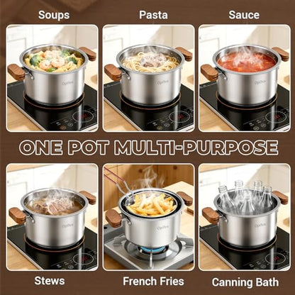 Opifex Deep Fryer Pot with Basket,2.8L Stockpot for 1-2 people Home Use and camping Frying, Pasta, Soup & Stews, 304 Stainless Steel,Strainer Basket for All Stovetops