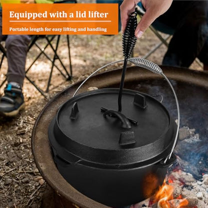 7QT Dutch Oven Camping with Lid Lifter, Leonyo 2 in 1 Cast Iron Dutch Oven for Outdoor Camping, Heavy Duty & Pre-Seasoned Deep Pot for Sourdough Bread Baking, Campfire Cooking