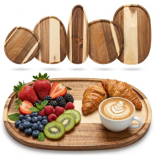 Okllen Set of 5 Small Acacia Wood Serving Platter and Trays, Irregular Oval Solid Wood Plates Serving Tray, Lightweight Wood Dinner Plates for Breakfast, Coffee, Tea, Snack, 6.3~11.7" L, 5.1~8.2" W