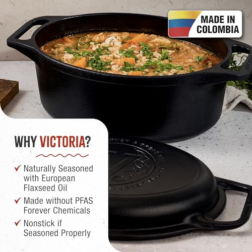 Victoria 6-Quart Cast Iron Oval Dutch Oven, Combination Combo Cooker Pot and Skillet, Bread Baker, Made in Colombia, 2-Piece Set