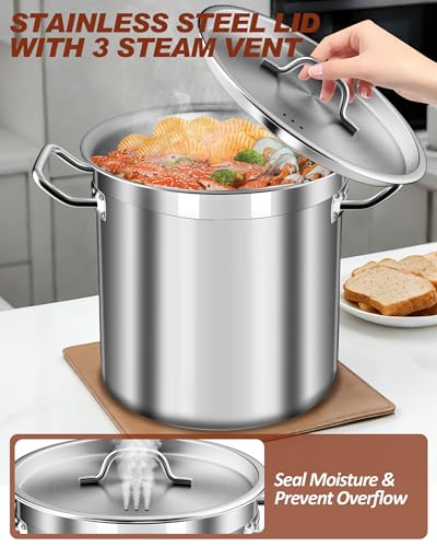 Falaja Stock Pot 20 Quart - Stainless Steel Stock Pot with Lid – Heavy-Duty Cooking Pot for Soup, Stew, Pasta – Commercial & Home Use, Induction Compatible - 5 Gallon