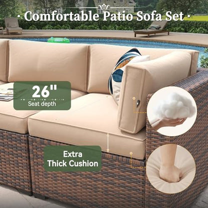 Aoxun 8 Piece Patio Furniture Set with 44” Fire Pit Table Wicker Rattan Outdoor Sectional Sofa Set with Coffee Table and Thickened Cushions, Beige (Waterproof Cover Included)