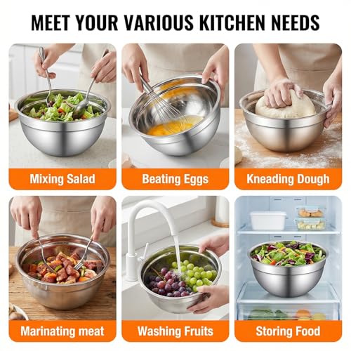 Xyingshine Stainless Steel Mixing Bowls with Lids Set, 6 Nesting Kitchen Bowls 0.7-4 QT, Metal Mixing Bowls with 3 Grater Attachments, Dishwasher Safe for Prep, Mixing, Serving & Storage