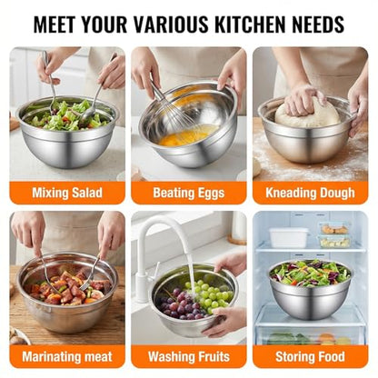 Xyingshine Stainless Steel Mixing Bowls with Lids Set, 6 Nesting Kitchen Bowls 0.7-4 QT, Metal Mixing Bowls with 3 Grater Attachments, Dishwasher Safe for Prep, Mixing, Serving & Storage