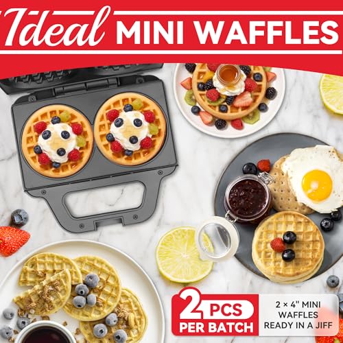 SugarWhisk 4 Inch Double Mini Waffle Maker Machine, Chaffle Maker, Waflera Electrica, Small Waffle Iron for Waffles, Keto Chaffles, Hash Browns, Cookies, Grey