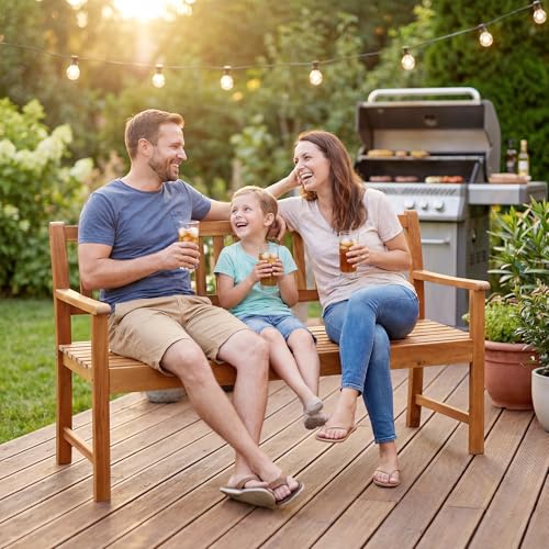 Devoko Outdoor Bench, 2-Person Garden Bench, Patio Wood Bench Outdoor Loveseat with Pull-Out Center Table for Backyard, Balcony and Patio and Garden (Log Color)