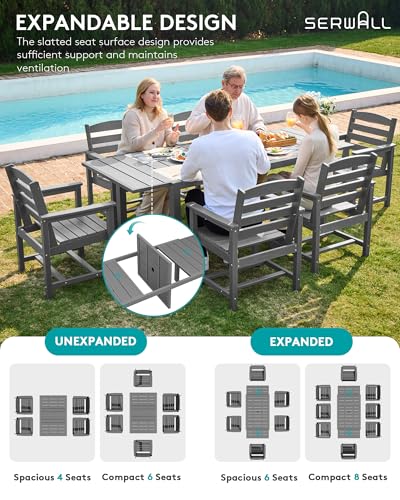 SERWALL 9-Piece Outdoor Dining Set, 60" - 83" Expandable Outdoor Dining Table and 8 HDPE Chairs, All Weather HDPE Outdoor Furniture Set for Backyard, Garden, Grey