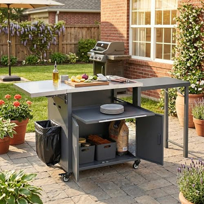 Merax Foldable Outdoor Kitchen Island & BBQ Prep Cart with Stainless Steel Top &Trash Rack & Lockable Wheels & Storage Cabinets – Portable Patio Dining Station for Grilling & Backyard & Camping, Gray