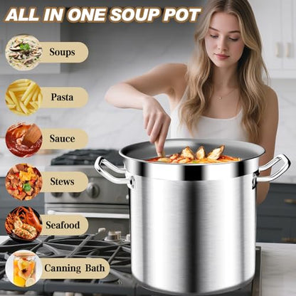20Qt Brushed Stainless Steel Stock Pot With Lid - Large Stock Pot - Heavy Duty Induction Commercial Grade Stockpots for Soup, Stew, Oven, Gas, Ceramic, and Dishwasher Safe