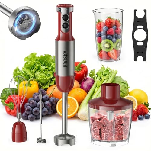 Immersion Blender Handheld 1200W, 5-in-1 Hand Blenders, 20 Speeds Hand Mixer, Stainless Steel Blades, Milk Frother Wand, Whisk, Beaker, Suitable for Kitchen, Protein Shakes and Baby Food (Red)