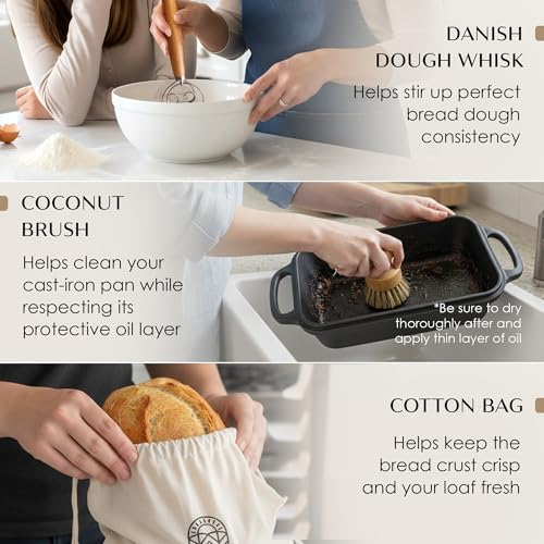 White Oaks Ranch Cast Iron Bread Loaf Pan + Bread Bag + Dough Whisk + Brush | 2-in 1 Pre-Seasoned oven-safe bread pan for homemade bread | 5-Piece Set