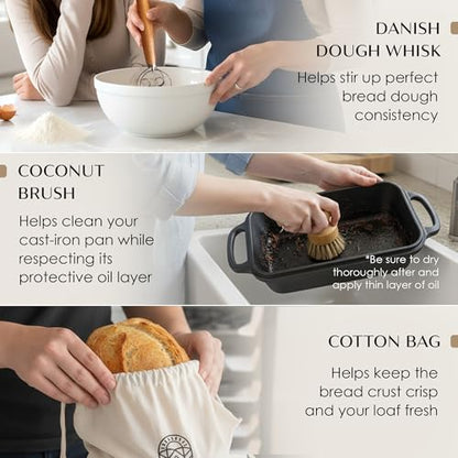 White Oaks Ranch Cast Iron Bread Loaf Pan + Bread Bag + Dough Whisk + Brush | 2-in 1 Pre-Seasoned oven-safe bread pan for homemade bread | 5-Piece Set