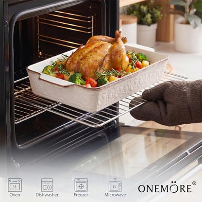 ONEMORE Casserole Dishes for Oven, Ceramic Baking Dish Set of 4, Non-Stick Lasagna Pans with Handles, Rectangular Bakeware Set for Cake, Roasting, Broiling, Gratin, Banquet, Microwave & Dishwasher Safe(3.8/2.6/1.7/1.1 Qt) (White 01)