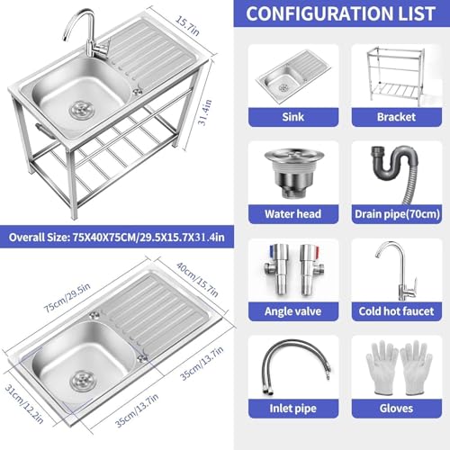 DYRABREST 75x40x78cm Outdoor Kitchen Sink with Workstation, Heavy-Duty Stainless Steel Freestanding Sink with 2-Tier Storage Racks, 360° Swivel Faucet, Adjustable Feet for Backyards, Cafes