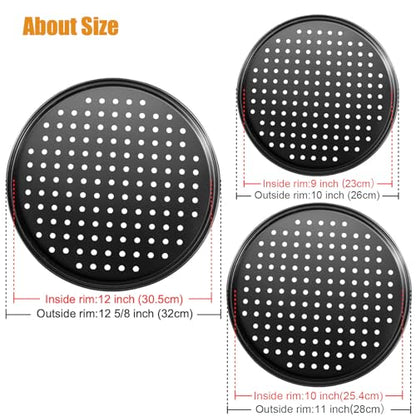 Handook Pizza Pan Set, Carbon Steel Pizza Pan with Holes, for Oven Baking Supplies & Home, Kitchen, Restaurant（9 Inch &10 Inch &12 Inch）