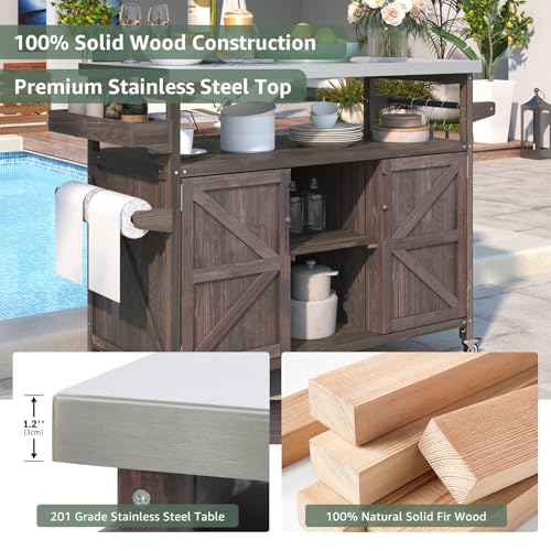 Waully 50.25" Outdoor Kitchen Island with Wheels for Food Prep, Strage, Bar, Rolling Outdoor Grill Table for Outside, Outside Cooking Table, Grill Carts, Cooking Station, Modular, Solid Wood, Brown