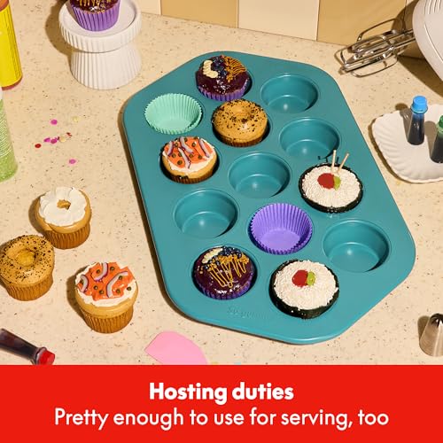 SO YUMMY by bella Baker’s Dozen Muffin Pan, 13 Round Cups Metal Baking Pan w Nonstick Coating & Stamped Fill Lines, PFAS Free, Dishwasher & Oven Safe, for Muffins & Cupcakes, Moonstruck