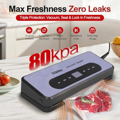 DSkiley Vacuum Sealer Machine for Food Preservation, 80kPa Powerful Suction, Built‑in Cutter & Starter Kit, Dry & Moist Modes, Digital Countdown, Compact Design, Keep Food Fresh 6X Longer