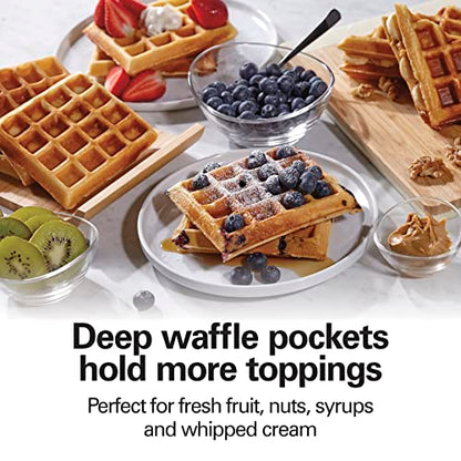 Hamilton Beach Non-Stick Belgian Waffle Maker with Indicator Lights, Makes 4 4" x 5" Mini Waffles, Hashbrowns or Keto Chaffles at Once, Compact Design for Easy Storage, Black & Stainless Steel (26020)