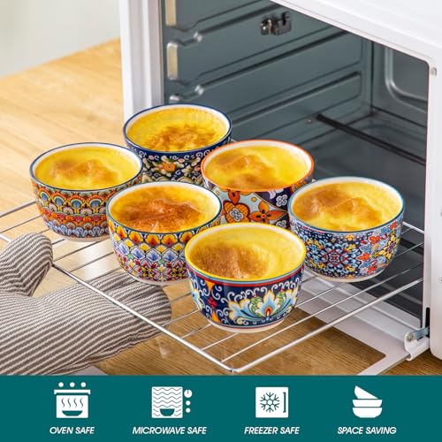 vancasso 8 Oz Ramekins Oven Safe Set of 6, Bohemian Creme Brulee Ramekins, Colorful Souffle Dishes, Pudding Custard Cups for Baking, Small Ceramic Bowls for Snacks, Ice Cream