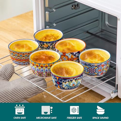 vancasso 8 Oz Ramekins Oven Safe Set of 6, Bohemian Creme Brulee Ramekins, Colorful Souffle Dishes, Pudding Custard Cups for Baking, Small Ceramic Bowls for Snacks, Ice Cream