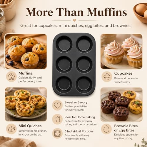 AGIgear Premium Non-Stick Muffin Baking Pan,2Packs Cupcake Pan,Stainless steel 6-Cup Muffin Tin (Black)