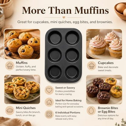AGIgear Premium Non-Stick Muffin Baking Pan,2Packs Cupcake Pan,Stainless steel 6-Cup Muffin Tin (Black)