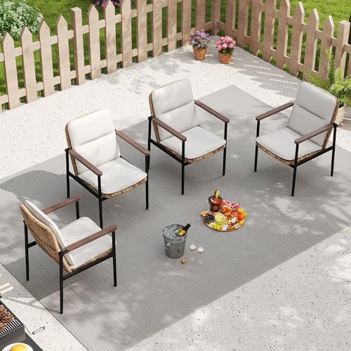 HAPPATIO Aluminum Patio Dining Chairs Set 4 Pieces, All-Weather Wicker Rattan Outdoor Dining Chairs with Wooden Armrests & Cushions, Classic Outdoor Seating for Garden, Lawn, Backyard