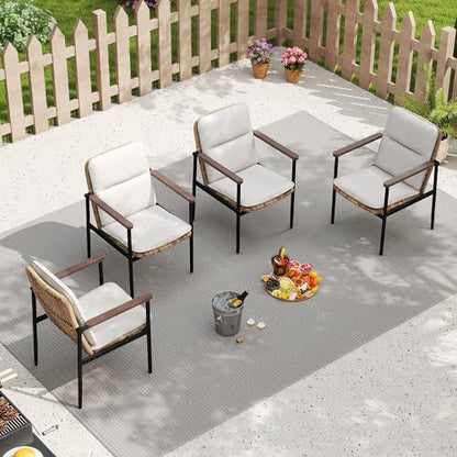 HAPPATIO Aluminum Patio Dining Chairs Set 4 Pieces, All-Weather Wicker Rattan Outdoor Dining Chairs with Wooden Armrests & Cushions, Classic Outdoor Seating for Garden, Lawn, Backyard