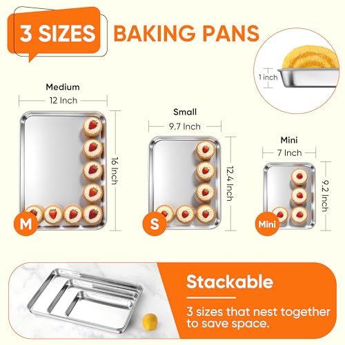 LIANYU 3 Pack Stainless Steel Baking Sheets, Cookie Sheet Pan for Baking & Roasting, 16/12.4/9.2 In, Toaster Oven Pan Cookie Baking Tray, Non Toxic & Heavy Duty & Easy Clean, Dishwasher Safe