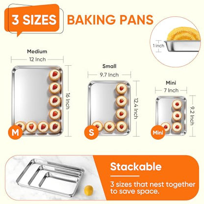 LIANYU 3 Pack Stainless Steel Baking Sheets, Cookie Sheet Pan for Baking & Roasting, 16/12.4/9.2 In, Toaster Oven Pan Cookie Baking Tray, Non Toxic & Heavy Duty & Easy Clean, Dishwasher Safe