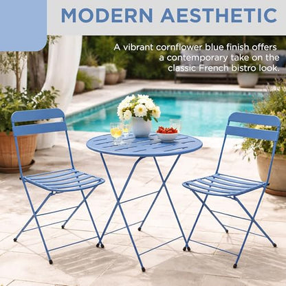 Alpine Corporation VTFAM168A-BL 3-Piece Blue Metal Folding Bistro Set – 20" Round Patio Table with 2 Folding Chairs – Portable Indoor/Outdoor Balcony & Garden Furniture Set