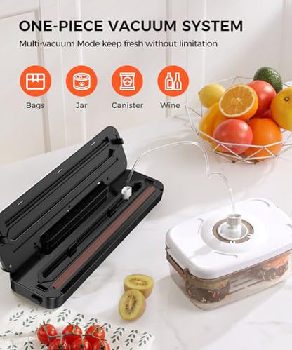 Vacuum Sealer Machine 75KPa Food with 6-in-1 Dry/Moist Modes & Digital Timer, Compact Lightweight Design, Built-in Cutter + 10 Bags (Black Silver)