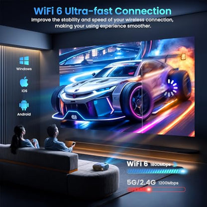 [Compatible with Netflix/High Brightness] Smart Projector with WiFi 6 and Bluetooth 5.3, 4K Outdoor Movie Projector with Prime Video/YouTube, Portable Proyector Compatible with HDMI/USB/iOS/Android