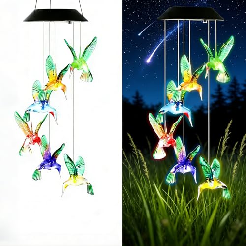 Wind Chime, Solar Hummingbird Wind Chimes Outdoor, 6 LEDs Color-Changing Hummingbirds Gifts for Women, Garden Yard Decor, Memorial Wind Chimes, Gifts for Mom