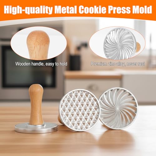 Afcabakila Cookie Stamps Biscuit Cutter Set, 3 Molds Metal Cookie Press And 5 Size Cookies Cutter Set, Zinc Alloy Embossing Stamper With Wooden Handle, Food Grade Stainless Steel Cutters For DIY Baki