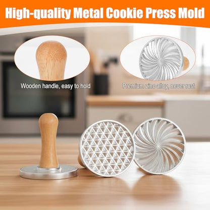 Afcabakila Cookie Stamps Biscuit Cutter Set, 3 Molds Metal Cookie Press And 5 Size Cookies Cutter Set, Zinc Alloy Embossing Stamper With Wooden Handle, Food Grade Stainless Steel Cutters For DIY Baki