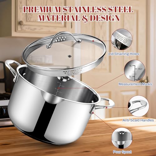 AOSION 6 Quart Stainless Steel Stock Pot with Strainer Lid & Deep Fryer Basket, Large Multipurpose Cookware for Spaghetti, Soup, Stew & Deep Frying, Compatible with All Stovetops & Oven Safe.