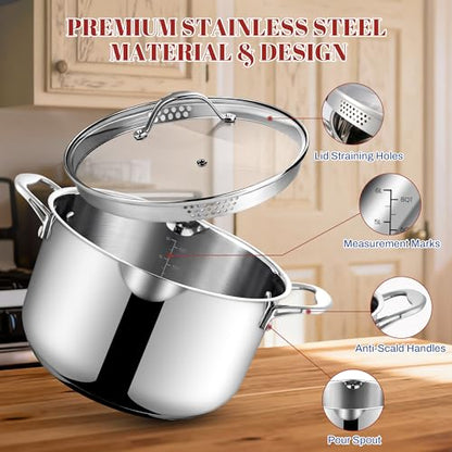 AOSION 6 Quart Stainless Steel Stock Pot with Strainer Lid & Deep Fryer Basket, Large Multipurpose Cookware for Spaghetti, Soup, Stew & Deep Frying, Compatible with All Stovetops & Oven Safe.
